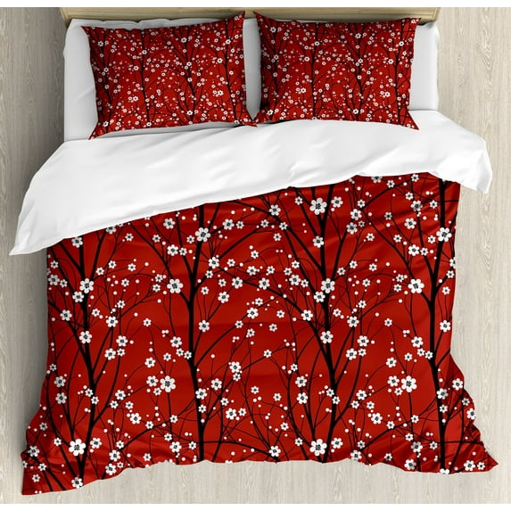 Chinese Traditional Painting Bedding Set Pink Plum Blossom Comforter Cover Set Full Size for Adults