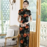 Chinese Traditional Qipao Dress Short Sleeve Satin Long Cheongsam Evening Gowns
