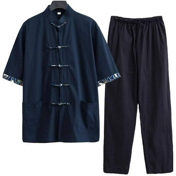 Chinese Traditional Tang Suit, Cotton Linen Kung Fu Shirt Martial Arts Suit Short Sleeve Shirt Pants, Plus Size Loose Shaolin Tai Chi Clothing Wing Chun Uniform