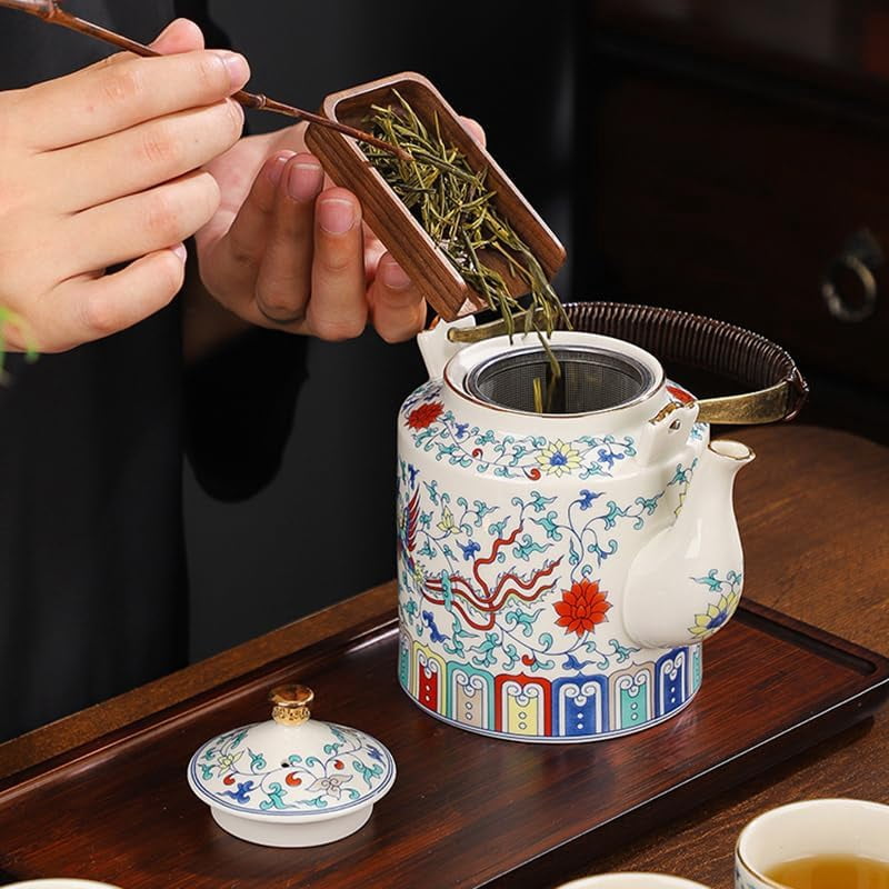 Chinese Traditional Tea Set for 6, Ceramic Teapot with Tea Cups