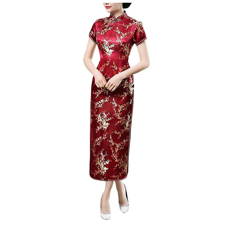 Chinese Traditional Women s Dresses Sexy Side Slit Slim Cheongsam Elegant Evening Party Dress Spring Summer Vintage Short Sleeve Long Dress Red M Walmart