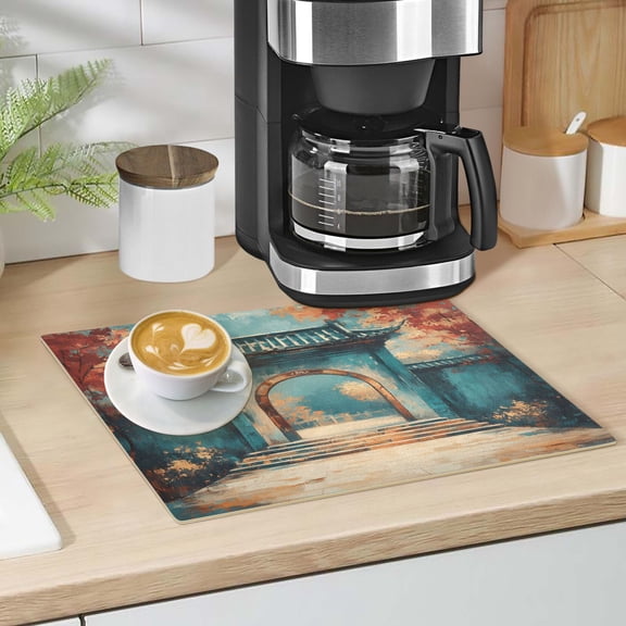 Chinese Traditional Yard Door Dish Drying Mat 12"x18" Kitchen Counter Dish Pad Microfiber Absorbent Drainer Rack for Coffee Bar