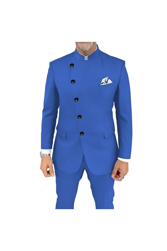 Chinese Tunic Suit Blue 2 Piece Mandarin Collar Suits for Men Formal Dinner Prom Wedding Wear, Size M