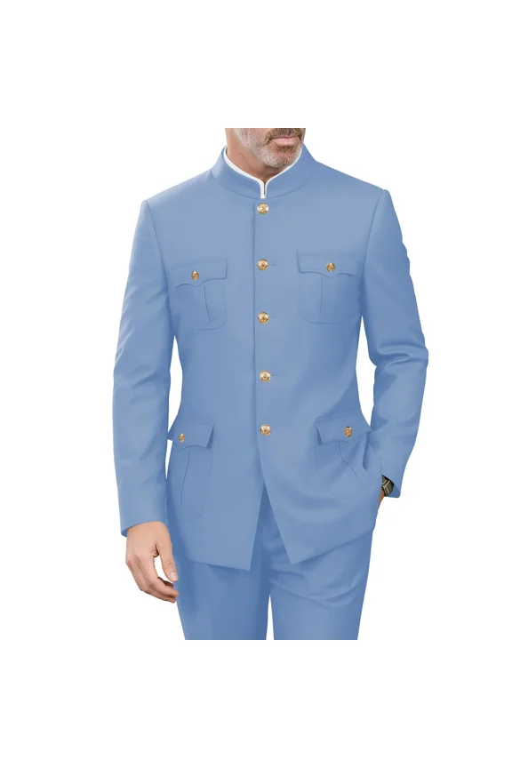 Chinese Tunic Suit Light Blue 2 Piece Mandarin Collar Suits for Men Formal Dinner Prom Wedding Wear, Size M