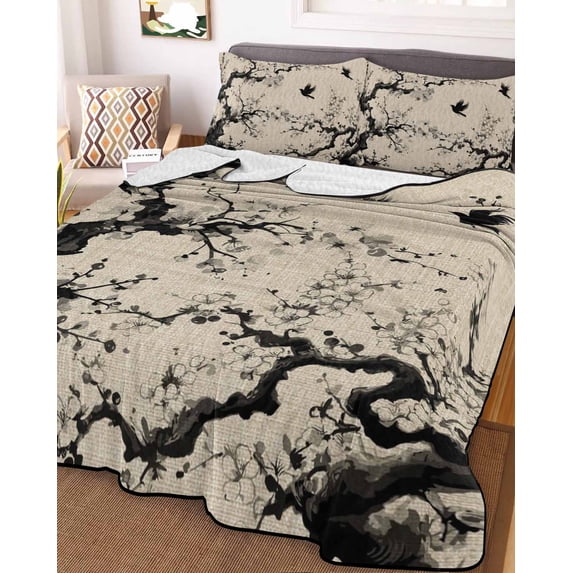 Chinese Twin XL Size Down Alternative Comforter,Lightweight Comforter Quilt Bedding Set with Pillow Shams Black White Tree Flowers Traditional Ink Painting Bed Comforter Duvet Insert 68"x98"