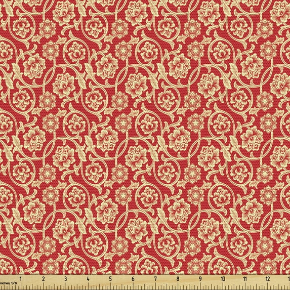 Chinese Upholstery Fabric by the Yard, Oriental Blossoms with Tangled Curly Leaves Antique Design of Flowers, Decorative Fabric for DIY and Home Accents, 2 Yards, Vermilion Beige by Ambesonne