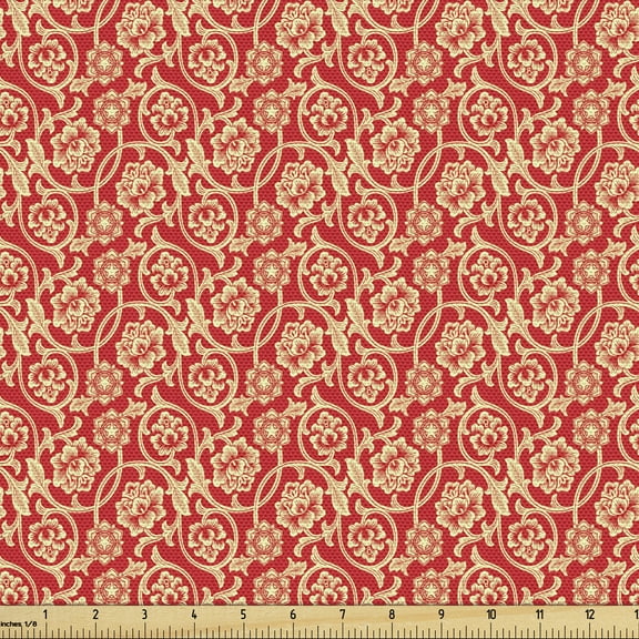 Ambesonne Valentine's Day Fabric by the Yard Upholstery, Chinese Blossoms, 5 Yards, Vermilion Beige