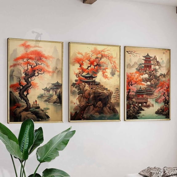 Chinese Vintage Landscape Floral Oriental Wall Art Set 3 Unframed Paper Print 20x30