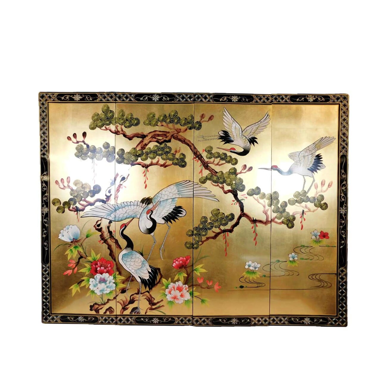 Chinese Wall Hanging Hand Painted Cranes And Pine Tree - Oriental Furniture Warehouse