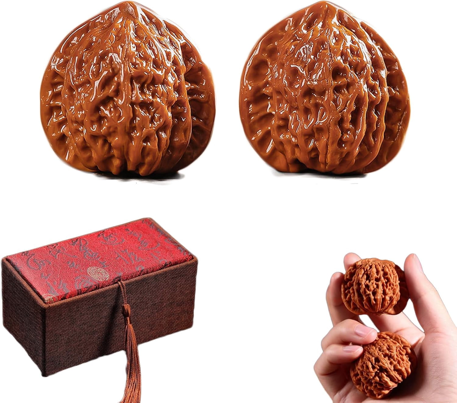 Chinese Walnuts Fidget – 2Pcs Chinese Exercise Walnuts with Gift Box & Brush, Traditional Stress Relief Hand Fidget for Relaxation & Focus,Valentine's Day Gifts (Pointed hat B, 35-36mm)