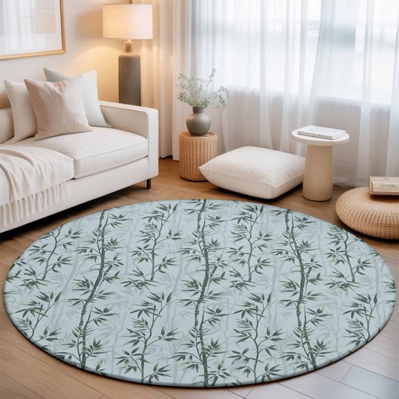 Chinese Watercolor Green Plant Round Rug 5ft Natural Seamless Botany on Teal Washable Area Rugs for Living Room Bedroom Entryway Non Slip Entrance Door Mat Indoor Floor Carpet