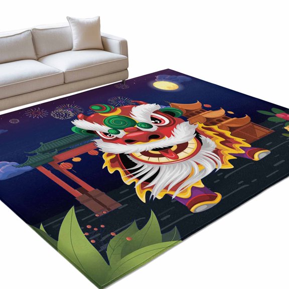 Chinese Wind 6x9ft Non Slip Area Rug New Year Painting Lion Dance Washable Soft Area Rugs for Living Room, Indoor Circle Carpet for Bedroom Dining Room Kitchen
