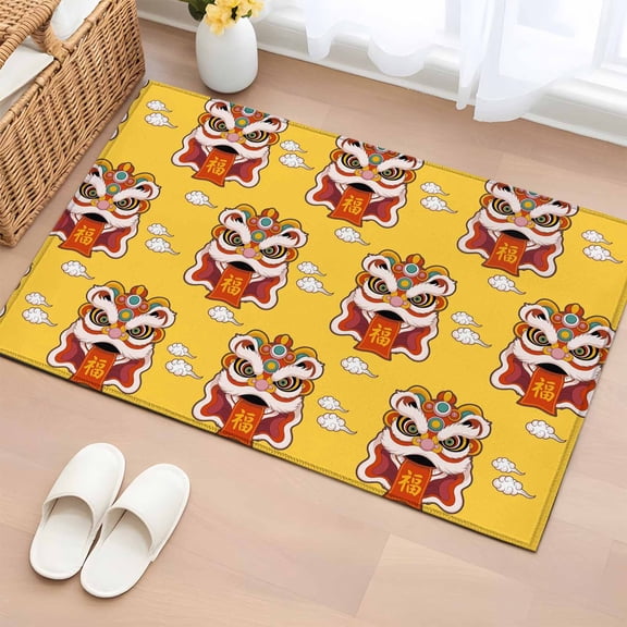 Chinese Wind Bathroom Rug Washable 2x3 Entryway Rug Non Slip New Year Painting Lion Dance Yellow Front Door Mat Low Pile Indoor Doormat Throw Floor Carpet for Kitchen Bedroom Entrance