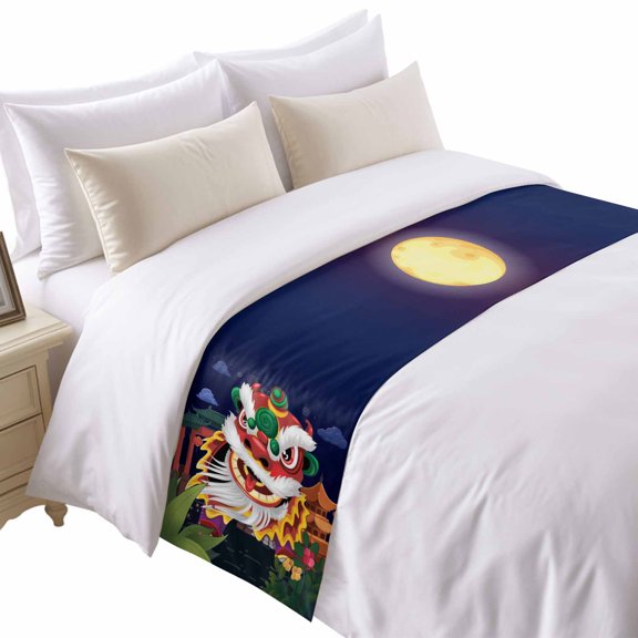 Chinese Wind Bed Runner for King Size Bed, New Year Painting Lion Dance Soft Bedding Scarf Bedding Protector Slipcover Sofa Throw for Bedroom Hotel Guesthouse