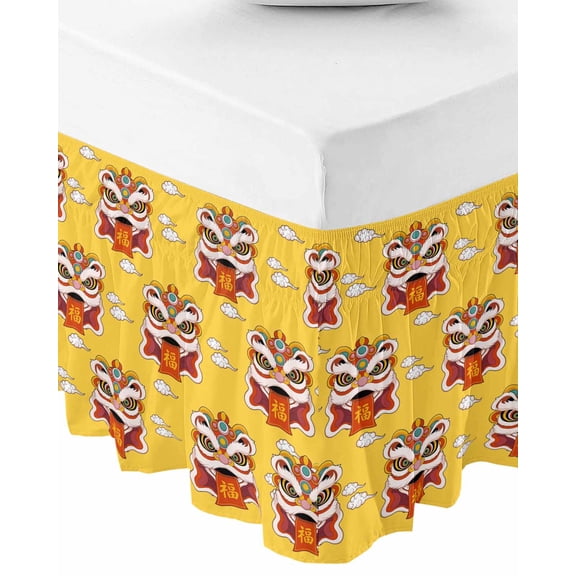 Chinese Wind Bed Skirt Queen Size 16 Inch Drop, Wrap Around Bed Skirts, New Year Painting Lion Dance Yellow Elastic Bedskirt Pleated Bed Frame Cover Luxurious Dust Ruffle for Queen Bed