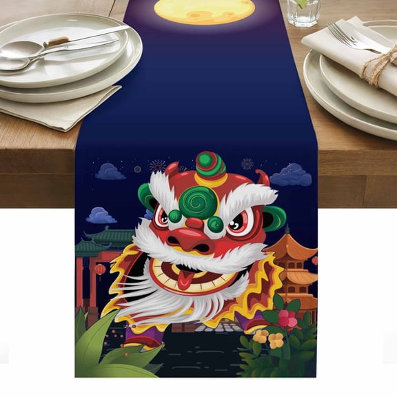 Chinese Wind Cotton Linen Table Runner New Year Painting Lion Dance Dining Table Runners for Home Decor Party Dining Room Restaurant Kitchen Party 13" x 108"