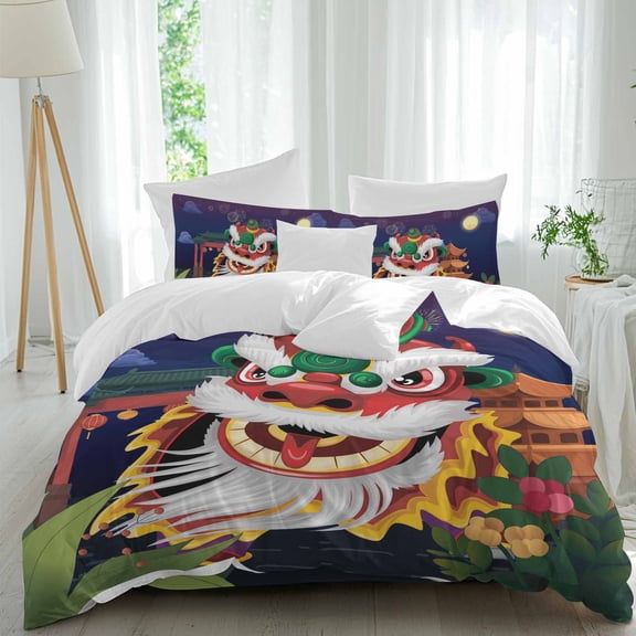 Chinese Wind Duvet Cover Set Queen Size, New Year Painting Lion Dance 4 Piece Bedding Set with Zipper Closure & Corner Ties Soft Breathable Comforter Cover for Bedroom