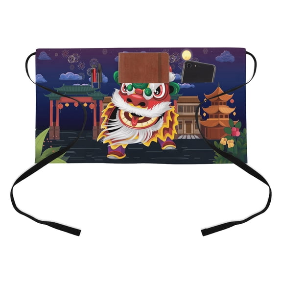 Chinese Wind Kitchen Restaurant Half Waist Apron, New Year Painting Lion Dance Server Short Apron with 3 Pockets Waterproof Oil Waist Aprons for Women Waitress Waiter