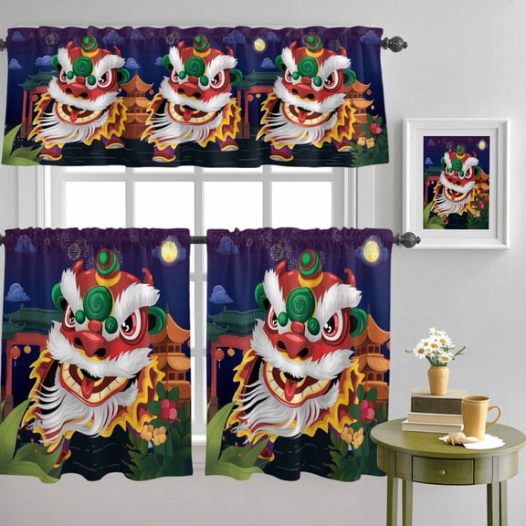 Chinese Wind Lion Dance Curtain Tier and Valance Set 3 Piece, New Year Painting 3-inch Rod Pocket Window Tier Curtains Valance for Kitchen Living Room