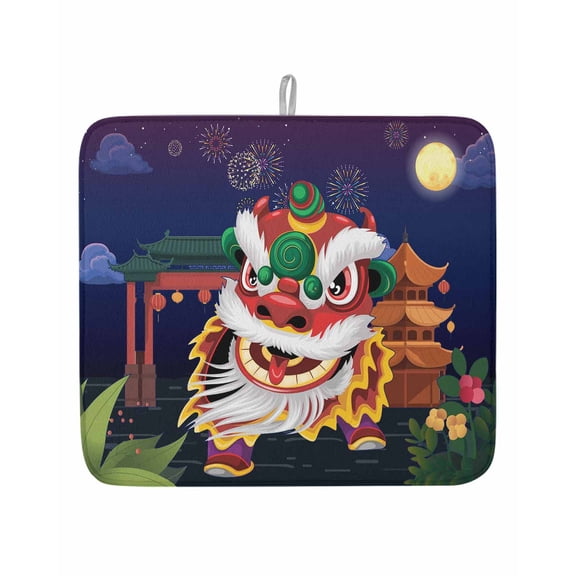 Chinese Wind Lion Dance Dish Drying Mats for Kitchen Counter,Absorbent Microfiber Dish Drainer Rack Mat New Year Painting Drying Pad for Sinks,Utensils,Countertops,16x18in