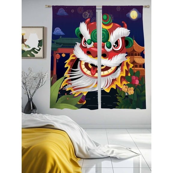 Chinese Wind Lion Dance Sheer Curtains 2 Panels Set New Year Painting Lihgt Filtering Rod Pocket Voile Drape,Semi Sheer Window Curtains for Bedroom Living Room,52"x63"