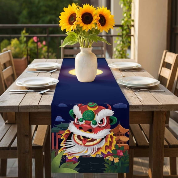 Chinese Wind Lion Dance Table Runner 36 Inches Long,Kitchen Dining Tablerunners New Year Painting Linen Table Runners Dresser Scarves for Home Dinner Wedding Holiday Party Decor