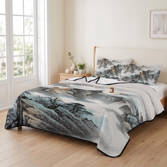 Chinese Wind Mountain Water 3 Pieces Quilt Set,1 Quilt with 2 Shams,Water Ink Painting Gradient Bedspread Soft Lightweight Bedding Coverlet Comforter Set for All Season 90"x96"