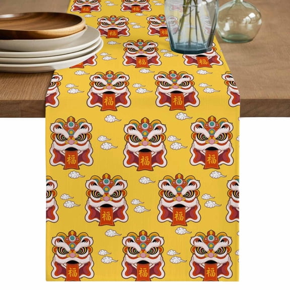 Chinese Wind Table Runner 48 Inches, New Year Painting Lion Dance Yellow Bed Runner Dresser Scarves Tabletop for Indoor Outdoor Parties/Ceremony/Banquet, 13" x 48"