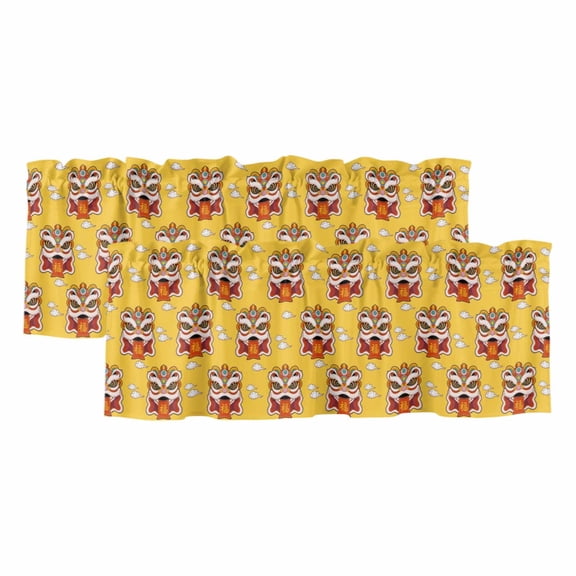 Chinese Wind Valances for Windows, New Year Painting Lion Dance Yellow Light Filtering Kitchen Curtains, Rod Pocket Window Valance Curtains for Living Room Bedroom, 42" W x 12" L, 2 Panels