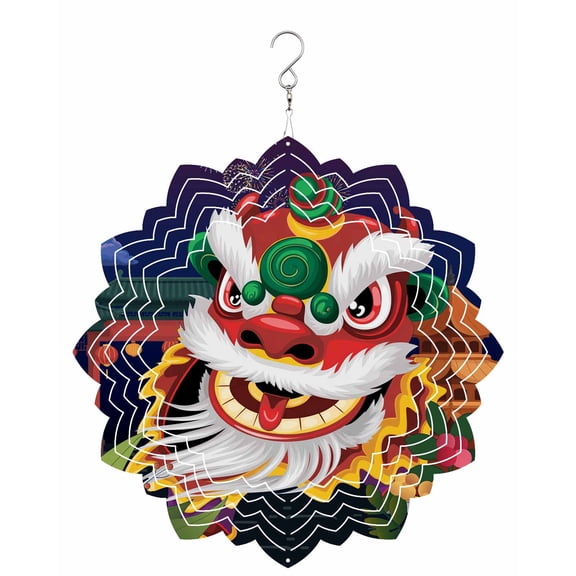 Chinese Wind Wind Spinner for Garden Yard 8In, New Year Painting Lion Dance 3D Stainless Steel Kinetic Hanging Wind Spinners Rustproof Outdoor Decor for Lawn Patio Home