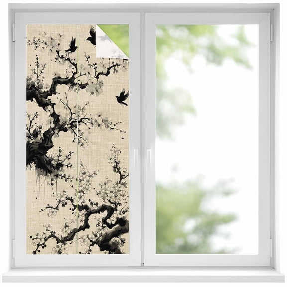 Chinese Window Privacy Film, Black White Tree Flowers Traditional Ink Painting Static Cling UV Sun Blocking Heat Control Window Tint Day and Night, Non-Adhesive One Way Privacy Cover 17.7''x39.3''