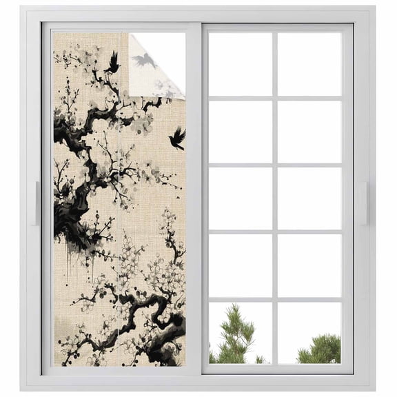 Chinese Window Privacy Film, Black White Tree Flowers Traditional Ink Painting Static Cling UV Sun Blocking Heat Control Window Tint Day and Night, Non-Adhesive One Way Privacy Cover 23.6''x59''