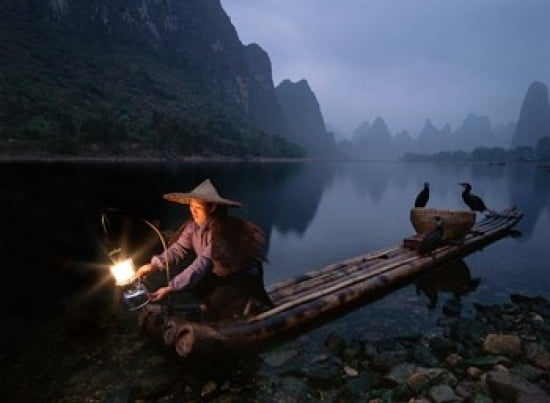 Chinese Woman Fishing with Cormorants near Guilin Li River China Canvas Art - Howie Garber DanitaDelimont (24 x 18)