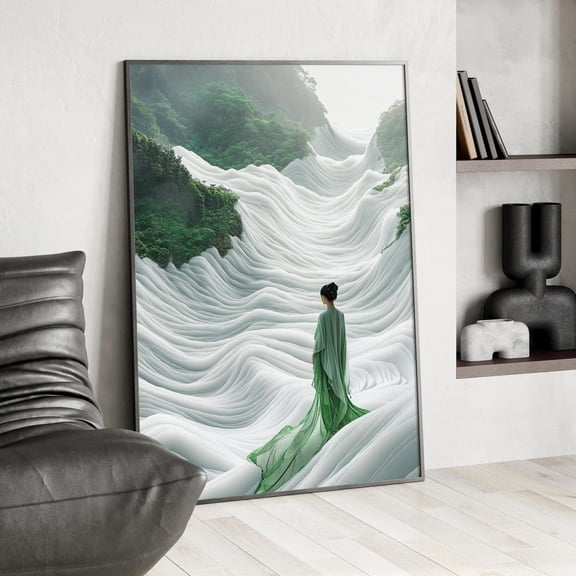 Chinese Woman Waves Landscape Wall Art, Elegant Cultural Nature Decor, Unframed Paper Print Size 8x12