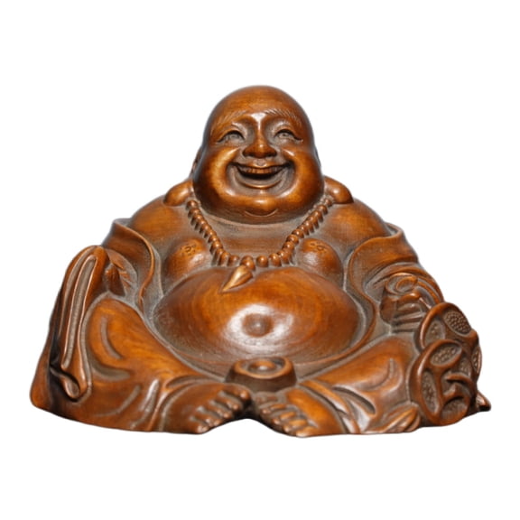 Chinese Wood Carving Wooden Laughing Buddha Statue Carved Gold Ingot Figurine Joy Prosperity Fortune Harmony Abundance Budai