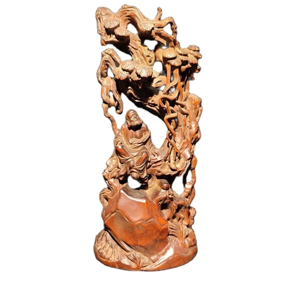 Chinese Wood Carving Wooden Sculpture Office Home Decor Pine Buddha Carved Figures Gifts Decorative Boxwood Statue Dharma House Arhat Monk Ornaments Good Luck Room Study Desk Wall Niche Practitioner