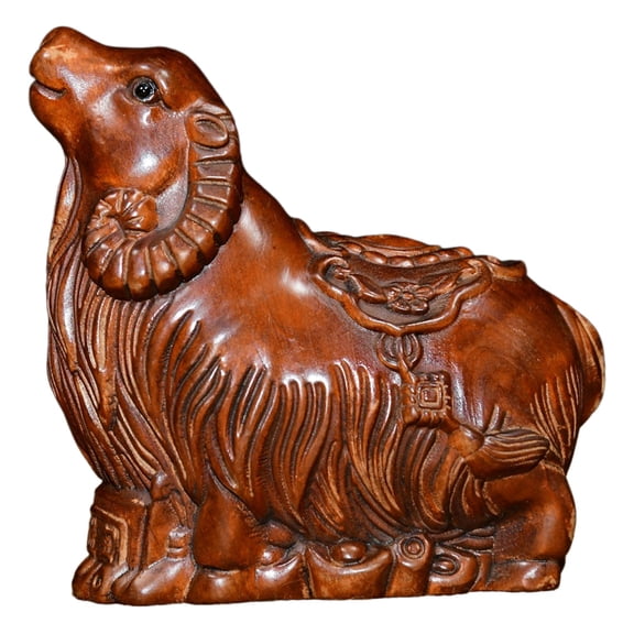 Chinese Wood Carving Wooden Sheep Goat Figurine Sculpture Carved Fengshui Auspicious Wealth Abundance Blessing Prosperity