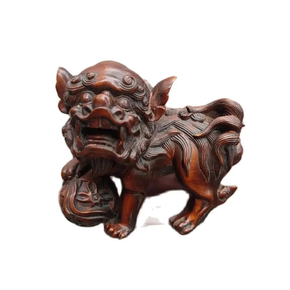 Chinese Wooden Lion Statue Wood Carving Play Ball Room Desk decorative sculpture home decor