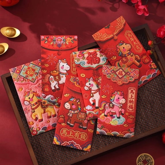 Chinese Year Printed Red Envelopes - 6PCS Money Packets for Spring Festival Weddings Birthdays and Celebrations