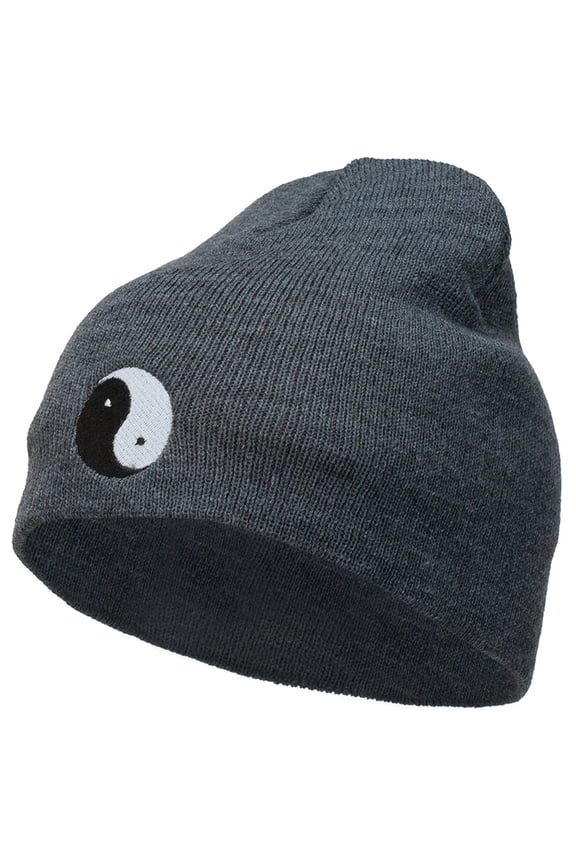 Chinese Yin Yang Symbol Embroidered Short Beanie - Dk Grey OSFM