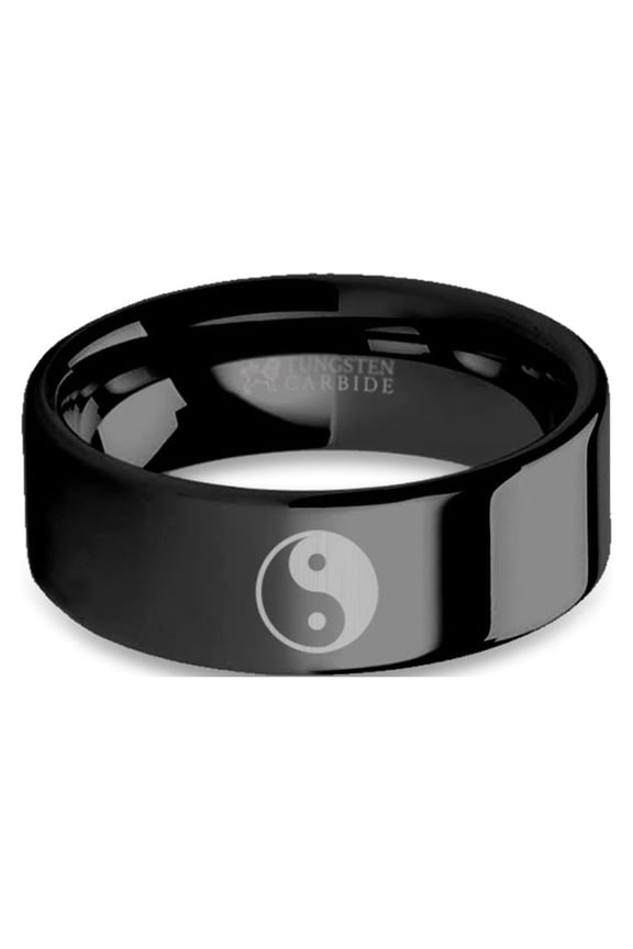 Chinese Yin Yang Symbol Engraved Black Tungsten Wedding Ring, 8mm, Size 15.5