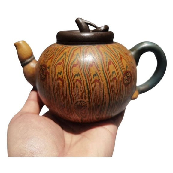 Chinese Yixing Purple Clay Teapot Sand-Fired Pot Bamboo Spout Motif Wood Grain Carved Marbled Pattern Decorated Apple Shaped