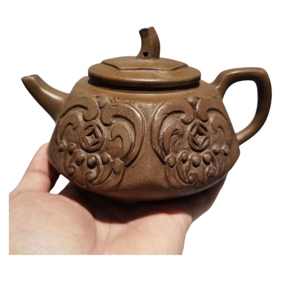 Chinese Yixing Purple Clay Teapot Sand-Fired Pot Carved Relief Embossed Hexagonal Curved Domed Column Coin Scroll Textured