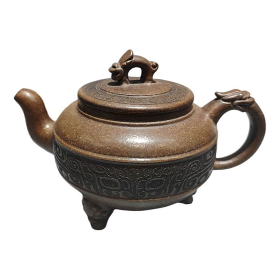 Chinese Yixing Purple Clay Teapot Sand-Fired Pot Dragon Sculpted Carved Embossed Tripod Three Legged Cauldron Style Shaped