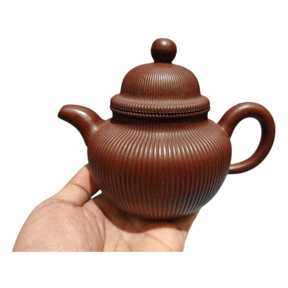 Chinese Yixing Purple Clay Teapot Sand-Fired Pot Round Ribbed Ball Fluted Grooved Striated Ridged Corrugated Textured Patterned