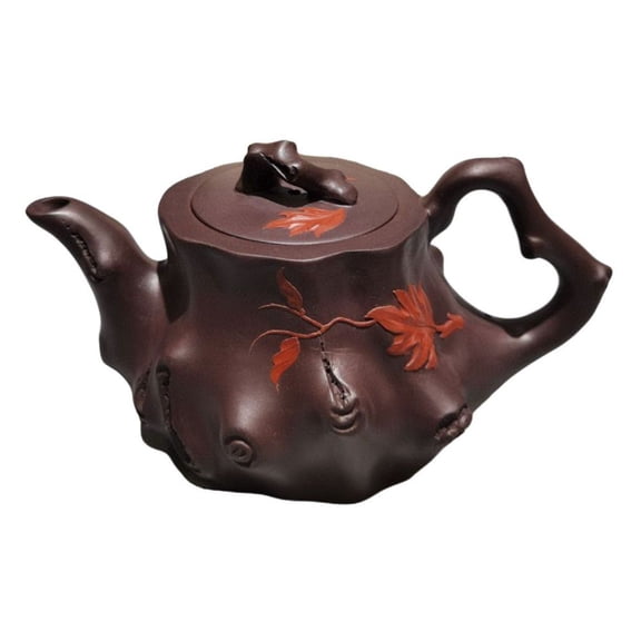 Chinese Yixing Purple Clay Teapot Sand-Fired Pot Tree Stump Naturalistic Organic Leaf Carved Engraved Sculpted Detailed Textured