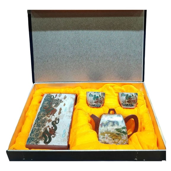 Chinese Yixing Purple Clay Teapot Teaware White Tea Painted Dragon Loong Landscape Enamel Square Rectangular Octagonal Geometric