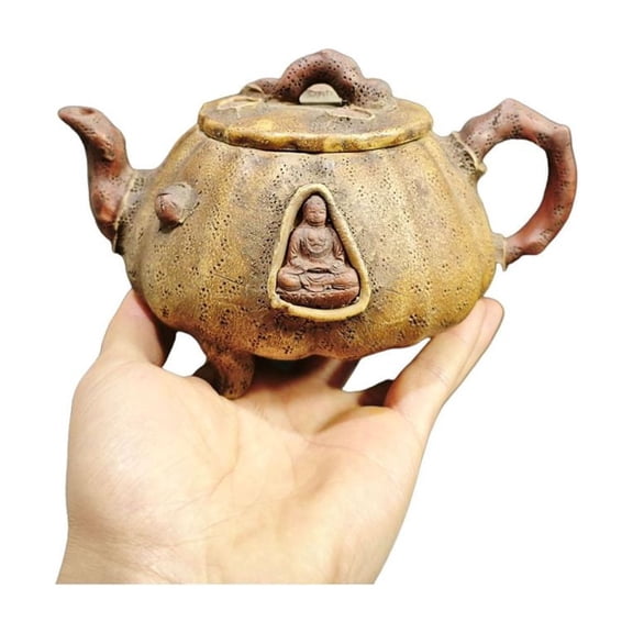 Chinese Yixing Zisha Clay Teapot Ceramic Kettle Purple Carved Sculpted Buddha Relief Pumpkin Shaped Three Legged Textured Burl