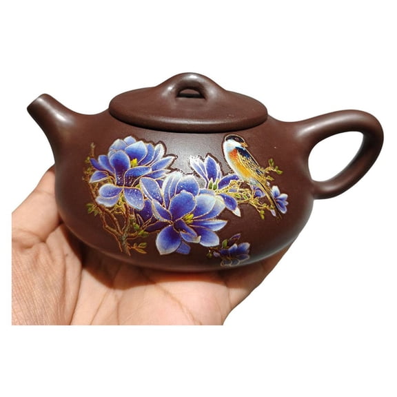 Chinese Yixing Zisha Clay Teapot Oriental Lovely Blue Magnolia Pattern Bird Motif Color Shifting Finish Painted Floral Art Shih