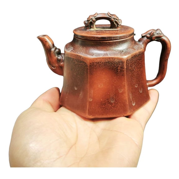 Chinese Yixing Zisha Clay Teapot Oriental Lovely Gongfu Tea Set Handcrafted Artisan Dragon Hexagonal Intricate Sculpted Ornament